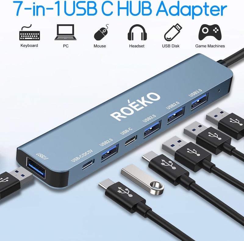 ROKO USB Hub 3.0,USB c hub,USB hub with Multiport Adapter, USB Splitter with 1xUSB 3.0,4xUSB2.0,2 x USB C,Hub for MacBook Pro/PC/Laptop/Tablet Devices (Grey 7in1) - Image 2